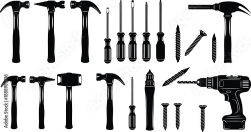 Construction tools silhouette set with hammers screwdrivers drill and screws isolated on white background for repair carpentry and DIY projects