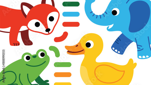 A colorful illustration of cartoon animals and shapes for children's education