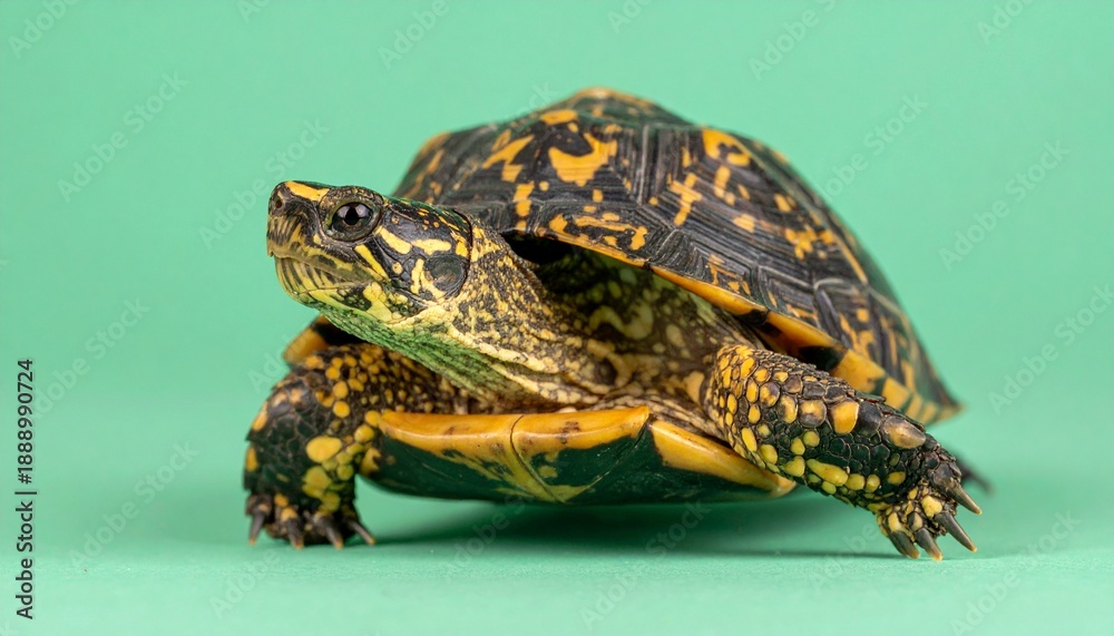 Obraz premium Colorful turtle on green background studio.