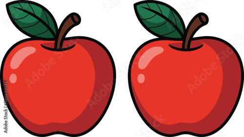 Two bright red apples with green leaves on a white background