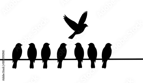 Scandinavian birds on wire silhouette vector with flying bird for minimalist wall decor