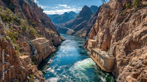 Majestic river flows between tall canyon walls with dam structures and power lines