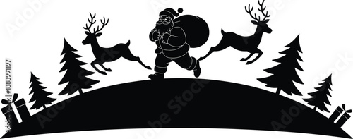 Festive silhouette of Santa Claus with a sack of gifts running with reindeer through a snowy landscape with Christmas trees and presents