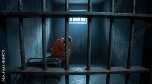 Jail Cell Interior With Person in Orange Jumpsuit Sitting on Bed Looking Down Through Rusty Bars in Blue Light