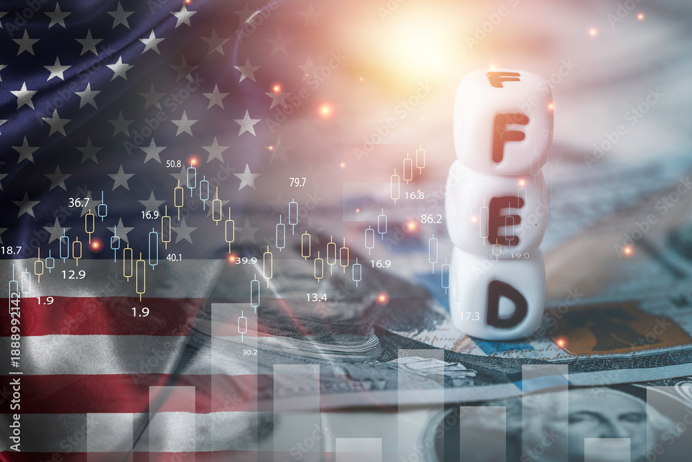 Obraz premium Double exposure of with stacked dice spelling FED on dollar bills , American flag and stock market chart representing interest rate decisions, inflation control and financial markets concept.