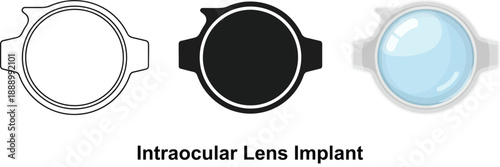 Set of intraocular lens implant icons representing different styles from outline to solid and realistic for medical and ophthalmology concepts