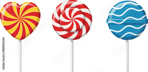 Colorful swirl lollipop candy set with heart and round shapes sweet vector illustration