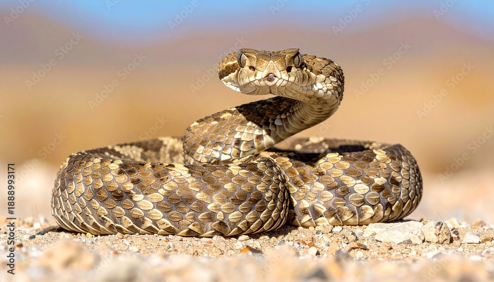 Naklejka premium Desert snake coiled on sandy ground.
