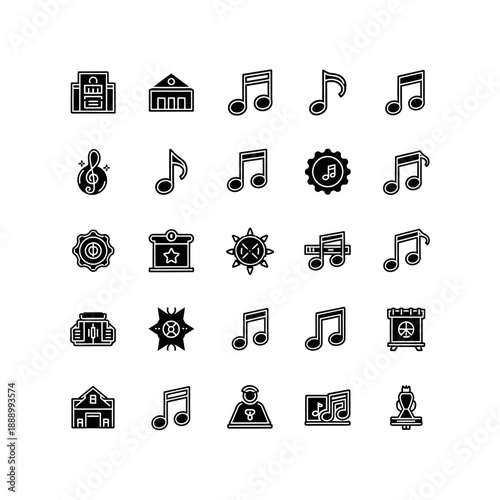 A collection of black glyph icons featuring musical notes, various buildings, and official badges on a white background.