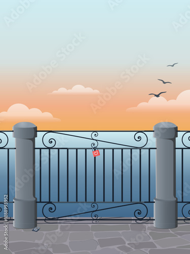 A romantic scene with a fence and sunset