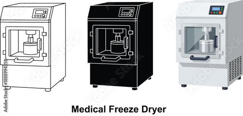 Collection of freeze dryer illustrations including line art silhouette and realistic vector styles for scientific and medical applications