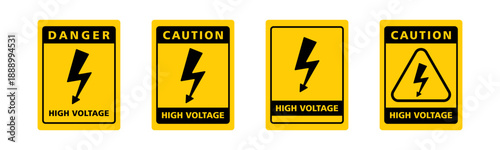 High voltage sign set. Caution and danger sign on yellow background vector illustration. Various forms rectangle danger caution high voltase.