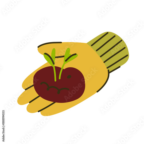 sprout with a handful of soil in hand wearing garden yellow glove, Gardening and planting seeds and seedlings concept