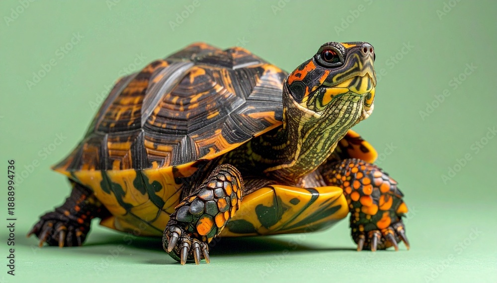 Fototapeta premium Colorful turtle on green background studio.