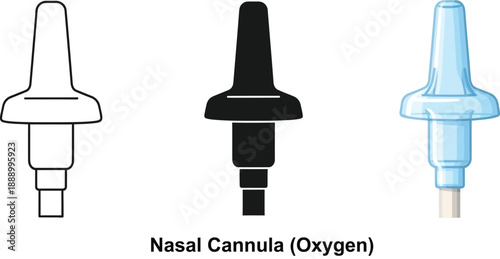 Set of nasal cannula icons representing oxygen delivery in outline solid black and blue transparent styles isolated on white background for medical illustration