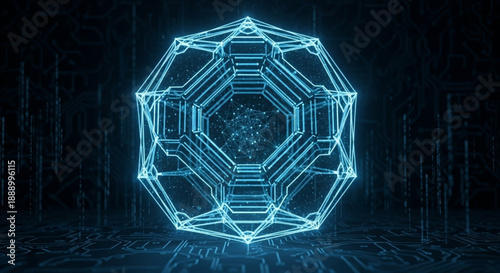 Glowing blue neon geometric shape with intricate lines and patterns in a dark room with futuristic ambiance and technology feel