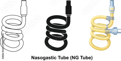 Set of Nasogastric Tube NG Tube illustrations line art silhouette and color vector graphics for medical documentation and infographics isolated on white
