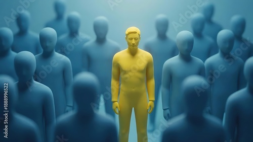 The yellow human figure stands out against the crowd of blue figures. The concept of individuality, leadership, distinction and uniqueness.