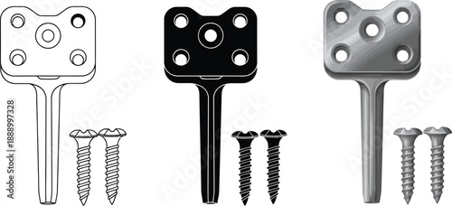 Set of three plumbing bracket and screw illustrations representing different styles for construction and repair projects isolated on white