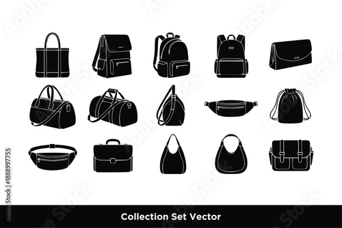 Bag Luggage Icon Set Vector, Travel Accessory and Fashion Handbag Symbols