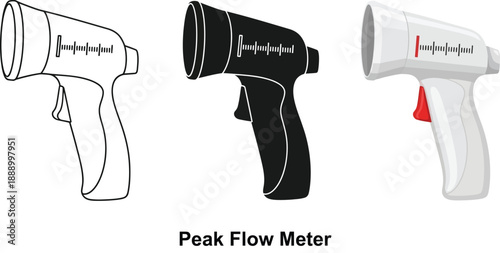 Set of peak flow meter illustrations including outline solid black and color versions representing medical device for asthma monitoring isolated on white background