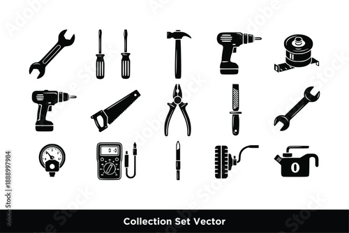 Hardware Tool Icon Set Vector, Construction Repair and DIY Equipment Symbols logo