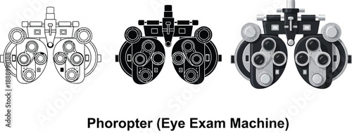 Collection of phoropter eye exam machines line art and silhouette vector illustrations for optometry and vision care concepts