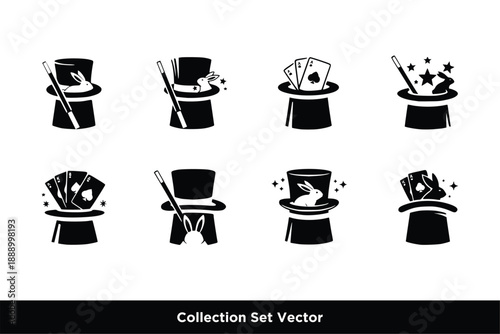 Magic Hat Icon Set Vector, Magician Performance and Illusion Symbols