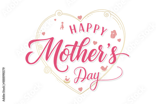 Happy Mother's Day Typography Vector with Elegant Script Lettering, Pink Hearts, and Motherhood Silhouette in a Gold Heart Frame for Greeting Cards