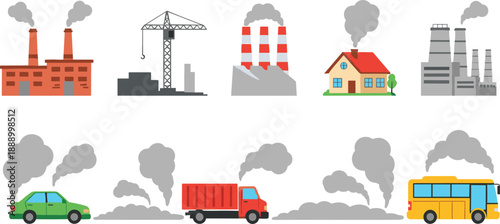 Air pollution sources from factories vehicles and power plants environmental vector illustration set