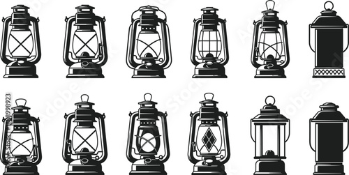 Set of vintage kerosene lantern and oil lamp illustrations isolated on white background for camping outdoor adventure and retro design