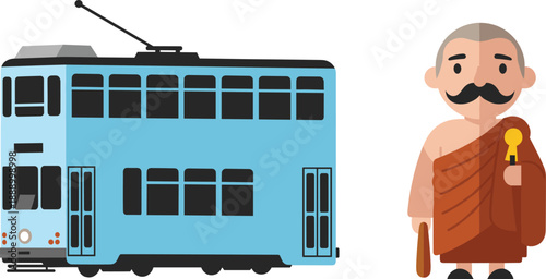 City tram transport vehicle and Buddhist monk character isolated flat vector illustration