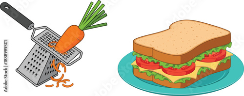 Carrot grater preparation and fresh vegetable sandwich on plate cooking food vector illustration