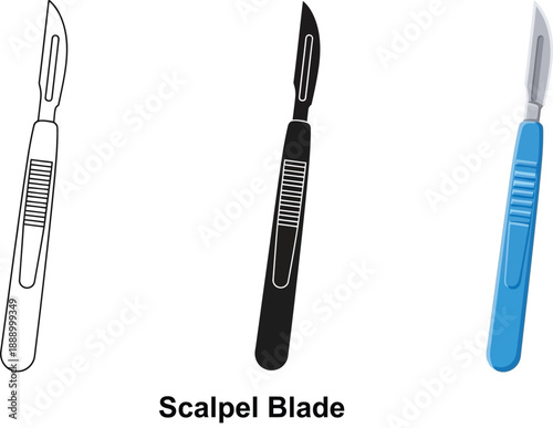 Collection of scalpel icons featuring outline silhouette and blue handle designs for medical and surgical illustration isolated on white