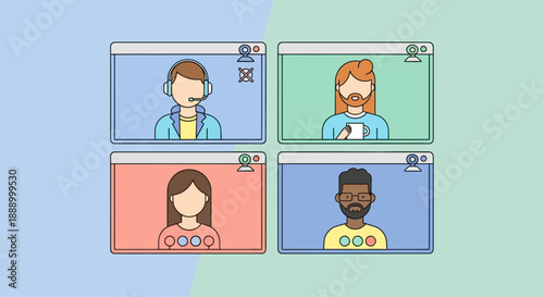 Illustration of a virtual video conference call with four diverse participants.