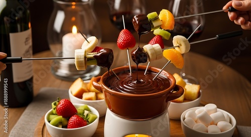 Chocolate fondue with fresh fruits and marshmallows on skewers served with wine and candlelight