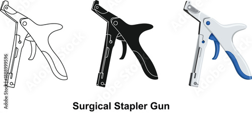 Collection of surgical stapler gun icons in outline solid black and color vector styles for medical illustration and design