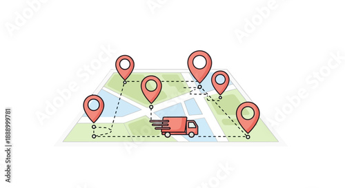 Illustration of a delivery truck navigating a mapped route with location markers.