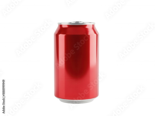 Red soda can on white background, refreshing beverage, modern design, aluminum can, drink