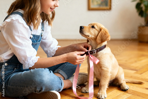 Young girl affectionate tying ribbon on puppy collar indoors