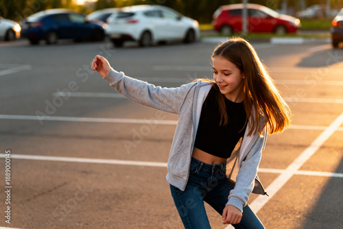 Teen girl joyful dancing in parking lot during golden hour