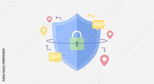 Conceptual illustration of digital security with shield and padlock protecting data and communication.
