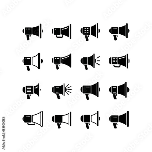 Sixteen black silhouette megaphone icons in various designs, symbolizing communication, public address, and important announcements.