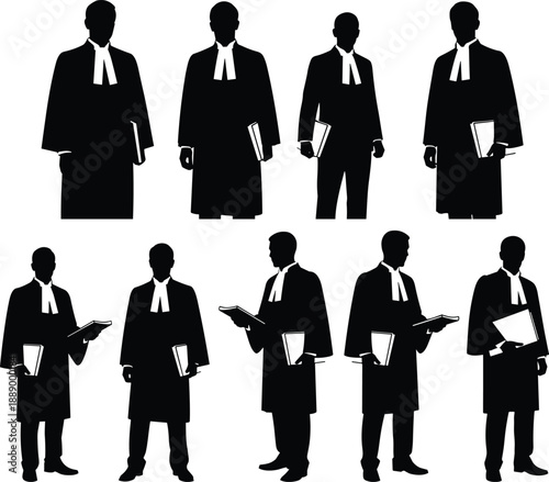 Silhouette of professional lawyers and barristers in traditional black robes and white jabot collars holding law books for legal concept