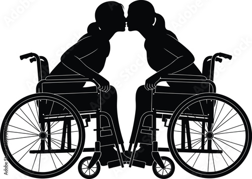 Silhouette of two women in wheelchairs leaning forward to share a romantic kiss, lesbian couple with physical disabilities, inclusive love flat vector