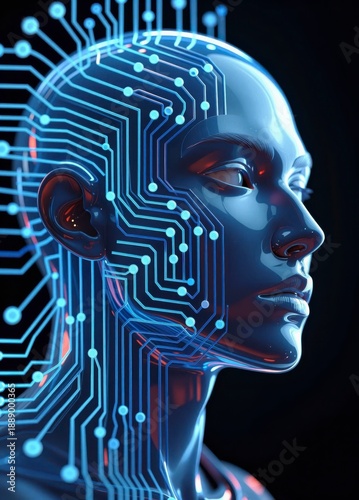Digital Human Face with Neon Circuits in a Glossy 3D Art Style