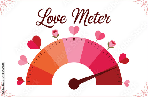 A colorful illustration of a love meter with hearts and roses on a white background