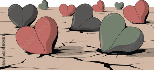 A desolate landscape with colorful hearts emerging from the cracked dry earth, symbolizing hope and love in a barren environment.