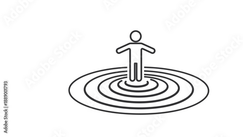 Minimalist line art animation of a person standing in the center of concentric circles, representing influence, personal space, or focus.
