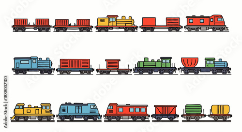 Colorful collection of cartoon railway vehicles, featuring diverse locomotives and various freight cars, ideal for transportation, logistics, and railway-themed designs